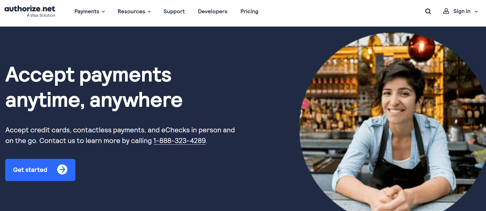 Screenshot of the Authorize.Net homepage, a payment processing option for nonprofits